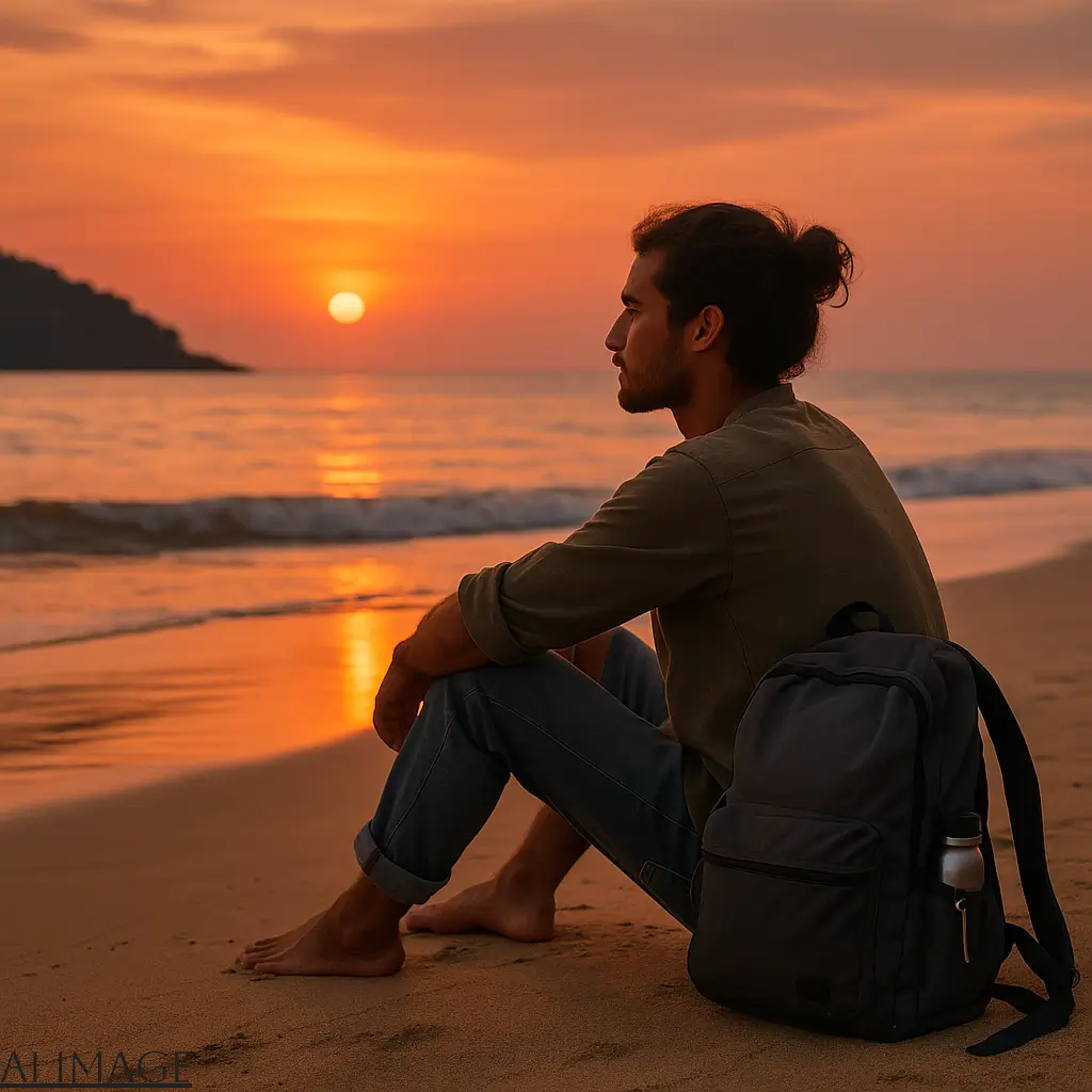 Budget Solo Trip to Palolem Canacona – 3 Smart Local Tips 1 Solo traveller watching sunset at Palolem Beach during monsoon